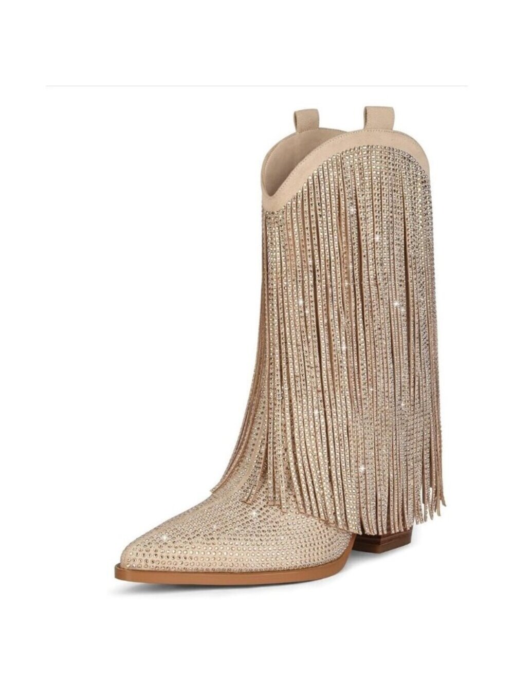 Women's Tan Cowgirl Rhinestone Boots With Sparkly Fringe Pointed Toe Wide Calf
